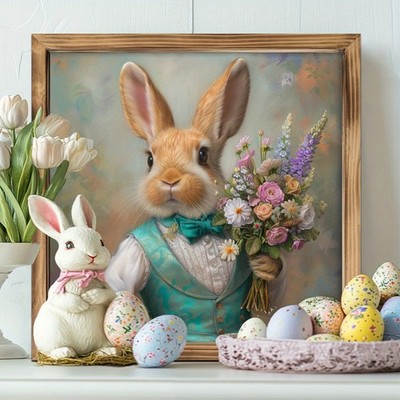 Spring Easter Bunny Art, Rustic Wooden Plaque for Kitchen & Bedroom Decoration