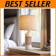Farmhouse Rattan Table Lamps Set of 2, Antique White Resin