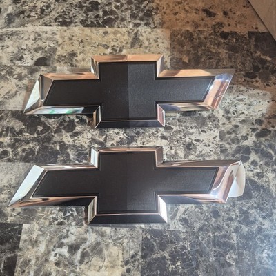 CHEVY SILVERADO EMBLEMS 12 INCH FRONT AND REAR BLACK ON CHROME PAIR
