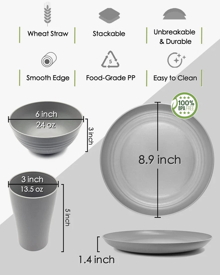 Wheat Straw Dinnerware Sets, 12-Piece Lightweight Plastic Dinnerware Set with... - Image 3 of 4