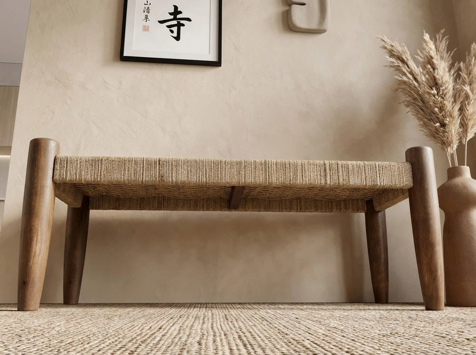 Banc 120cm Jute Banc d'entrée Bois Massif Banc de lit Chambre à coucher - Photo 4/4