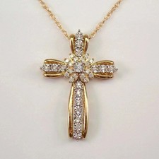 2 Ct Round Cut White Moissanite Women's Cross Pendant 14K Yellow Gold Plated