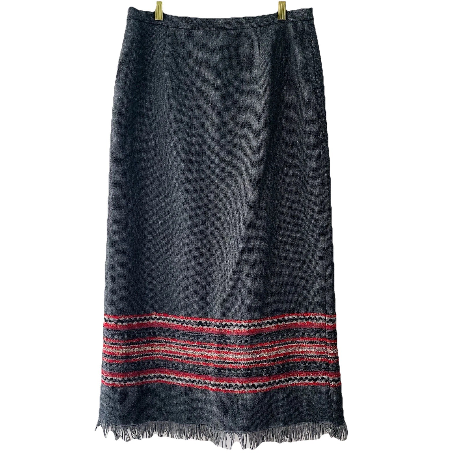 Sag Harbor Women’s Size 10 Gray Lined Wool Blend Fringe Accent Skirt Back Slit