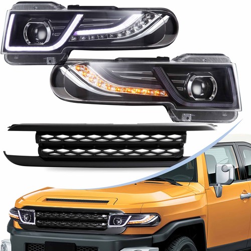 VLAND Pair LED Headlights + Black Front Grille For 2007-2015 Toyota FJ Cruiser