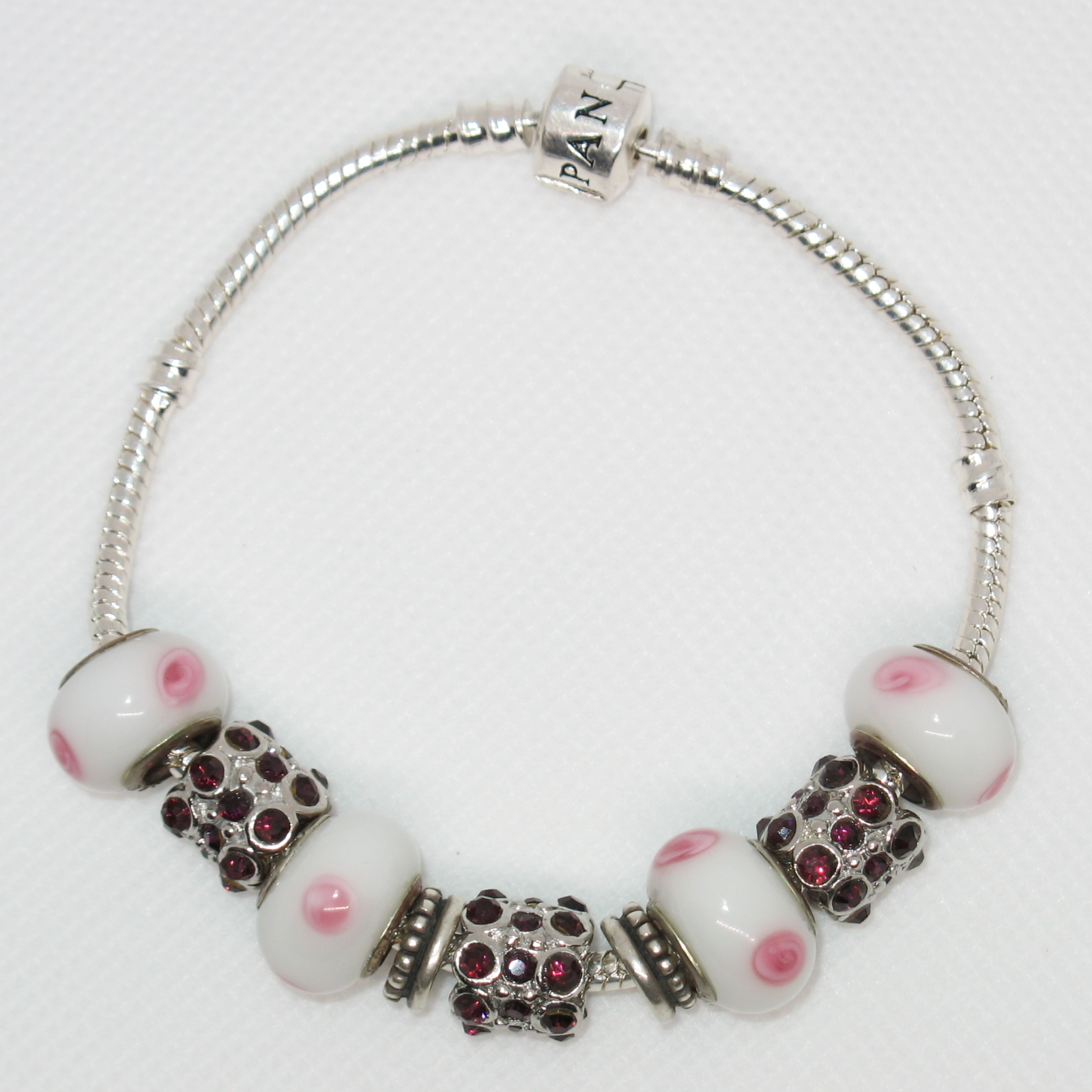 PANDORA Silver Snake Custom Bead & Charm Bracelet 925 Silver Glass Beads 7.5”