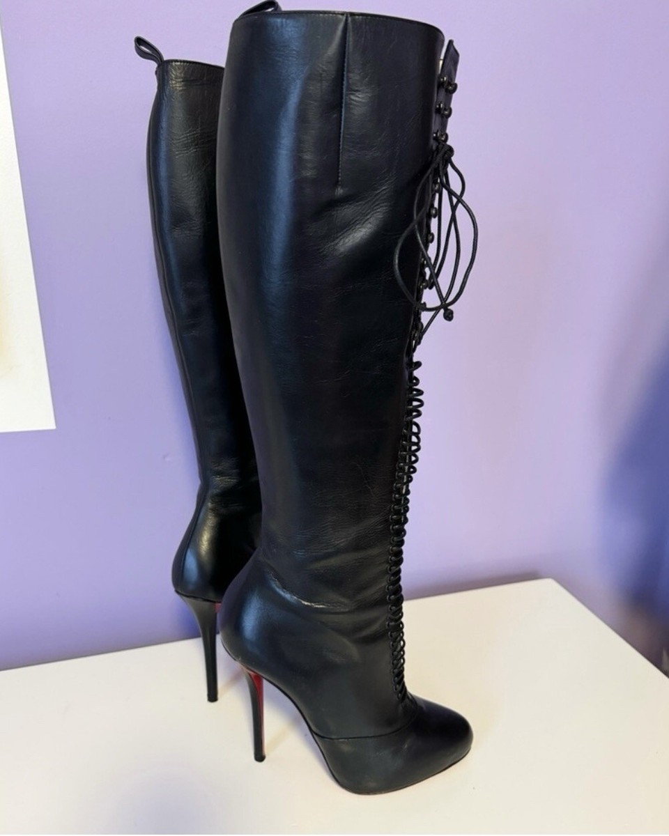 Christian Louboutin Mado Black Leather Lace Up Leather Knee High Boots 38 EU