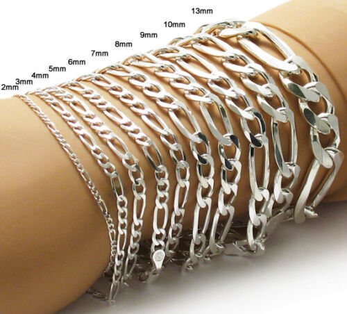 925 Sterling Silver Figaro Link Chain Bracelet (All Widths and Lengths) - Picture 1 of 25