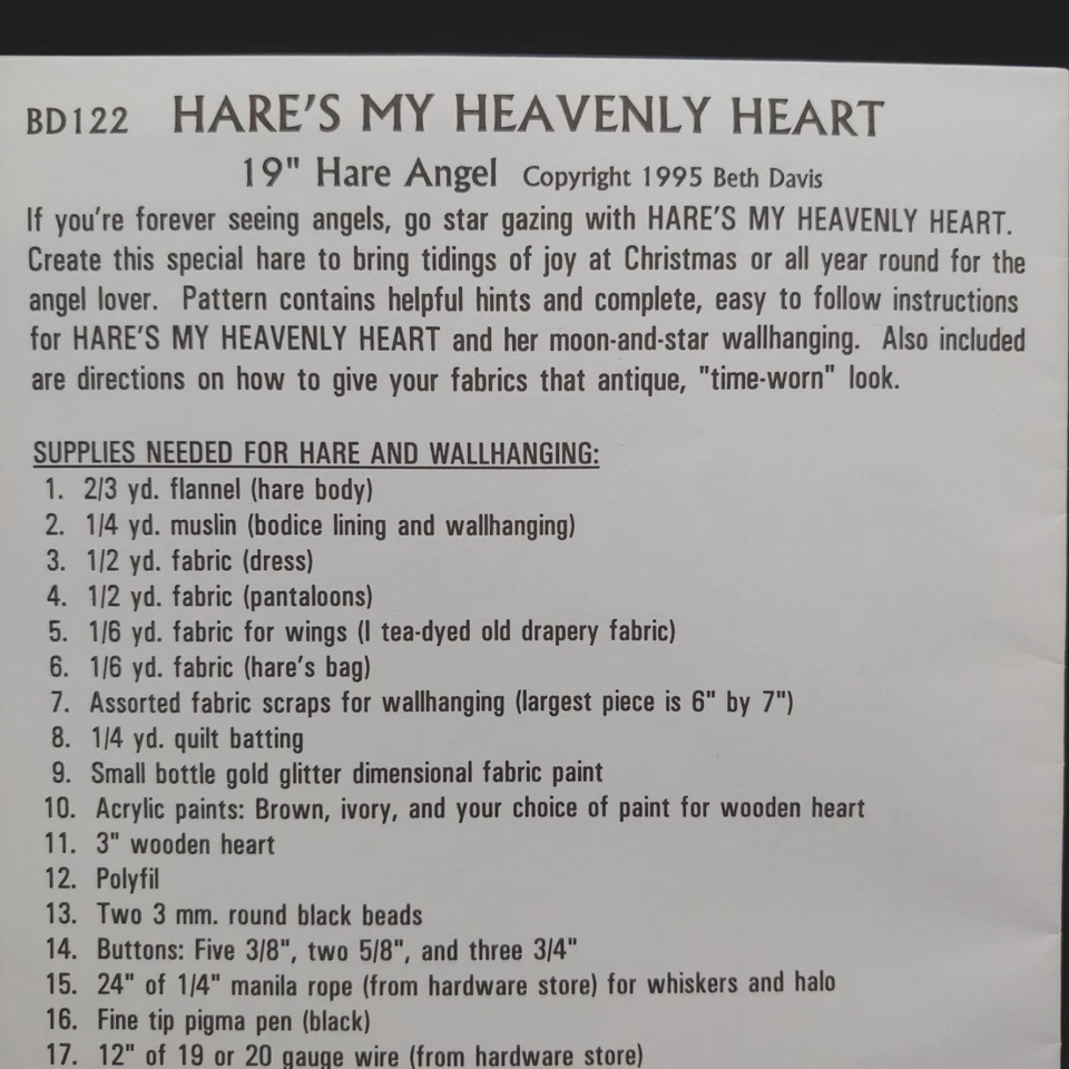 Angel Rabbit Doll Sewing Pattern - 19" vtg 1990s Country Primitive Bunny Easter - Image 3 of 4