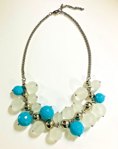 Statement Necklace Bubble Beads 21 inches Turquoise "White" Silvertone Beads Fun