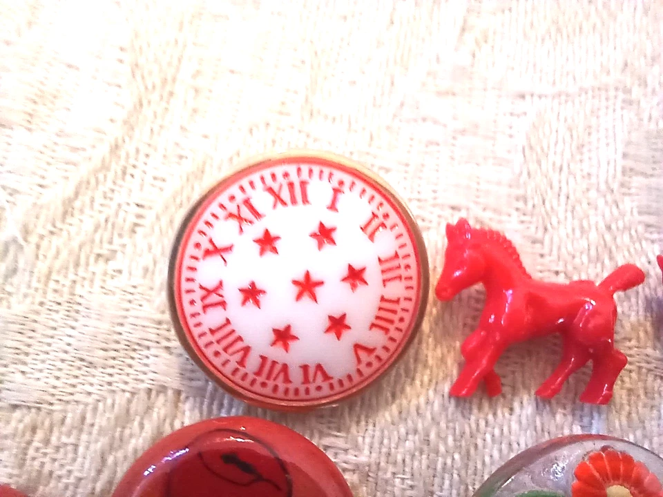 Lot 36 Interesting Pretty Red Buttons Glass Plastic Flowers Dots Clock Ladybugs - Image 3 of 4
