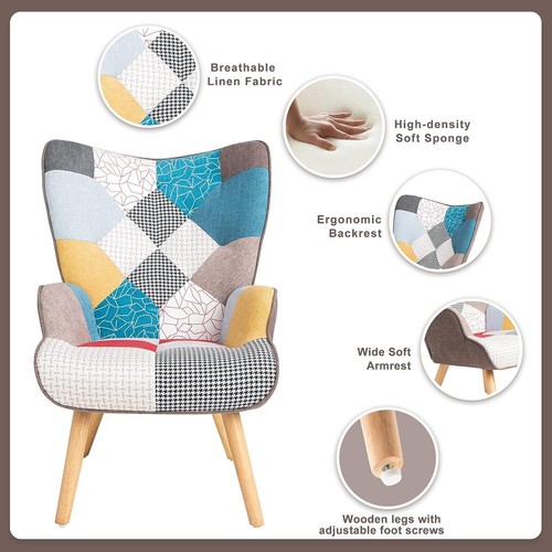 Accent Chair Ottoman Set Comfy Side Armchair Creative Splicing Cloth Surface - Picture 32 of 42