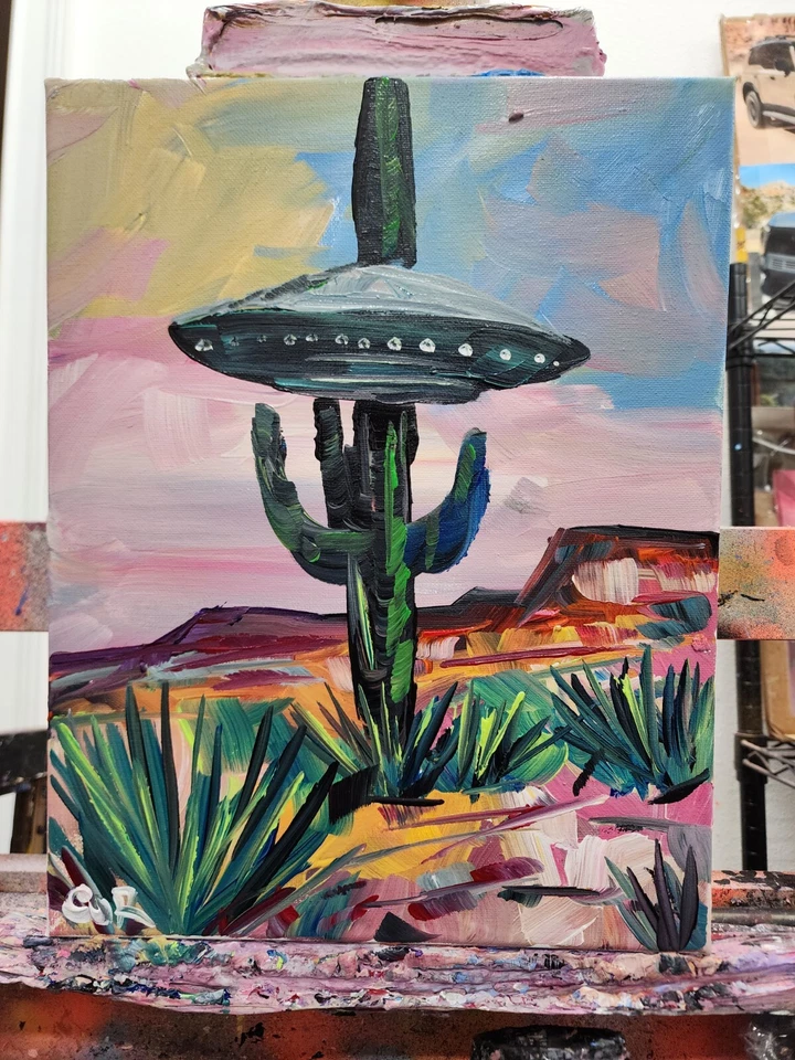 NAVE ESPACIAL OVNI CACTUS CORBÉLICO 14X11 IMPRESIONISMO ORIGINAL ARTE MODERNO Foto 2 de 4