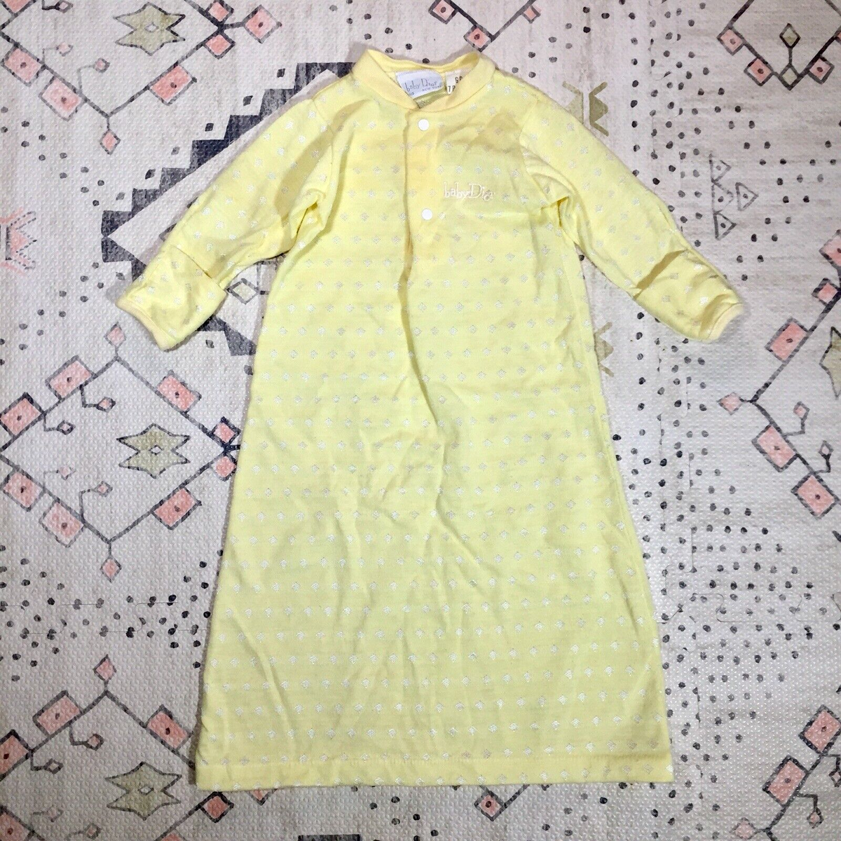 Baby Dior Vtg Newborn Gown Shirt Girl Pastel Yellow Knit Diamond