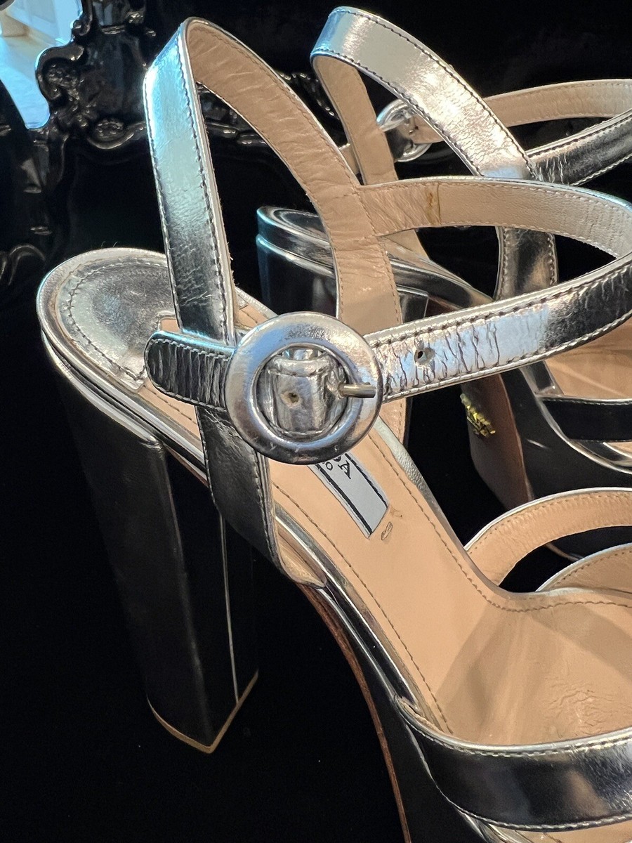 Prada Platform Sandal 39.5 US 9.5 Silver Metallic Leather Prada Platform Sandal 39.5 US 9.5 Silver Metallic Leather