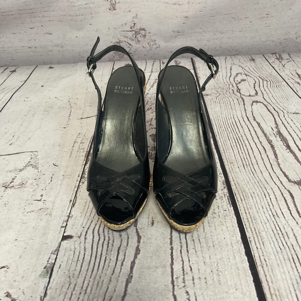 STUART WEITZMAN Wedge Womens 7.5M Black Patent Leather Dolunch Shoes - Image 3 of 4