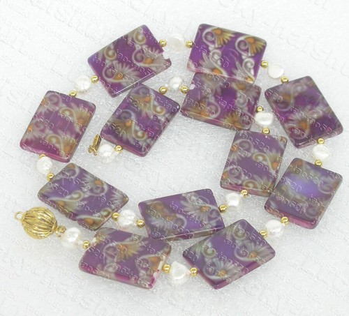 17" 18X25mm Baroque white pearl rectangle purple flower seashell necklace c1146t