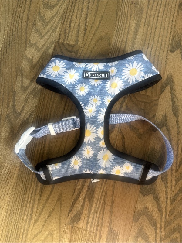 EUC Frenchie Blue Daisy Flower Reversible Yellow Check Harness Dog Vest Large