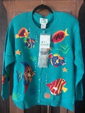 Vintage Quacker Factory Cardigan Sweater Fish NWT w Fish Button Covers Large