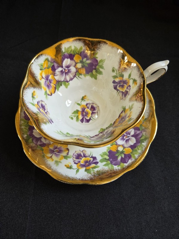 Royal Albert Cup Saucer Yellow &  Purple Pansies Heavy Gold Trim Bone China Eng.