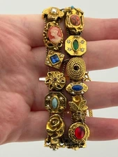 Vintage Goldette Gold Tone Slide Victorian Revival Double Row Charm Bracelet