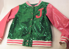Jojos Closet Jacket Girls 7-8 Pink Green Sequins J Logo Letterman Kids Fun Snap