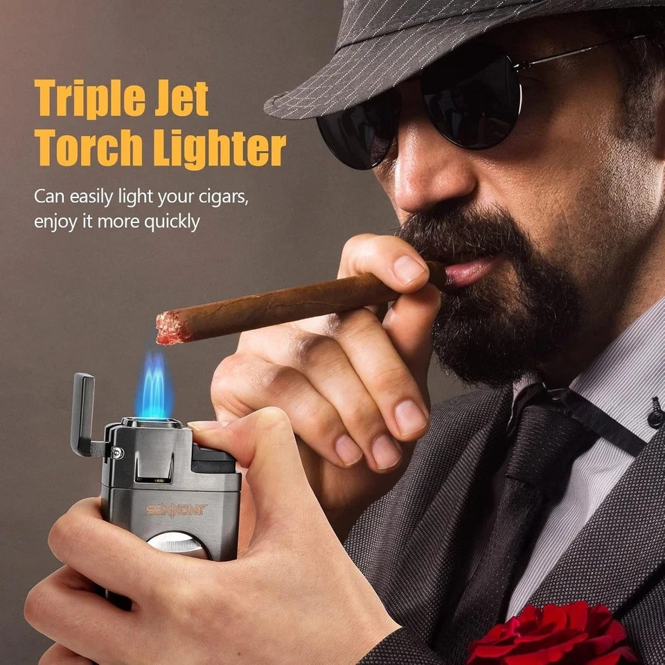 Triple Jet Flame Cigar Lighter with Cutter, Windproof Butane Refillable Torch Li