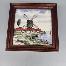 Vintage Framed Handpainted Lighthouse Tile Delft Blauw Holland 7x7"