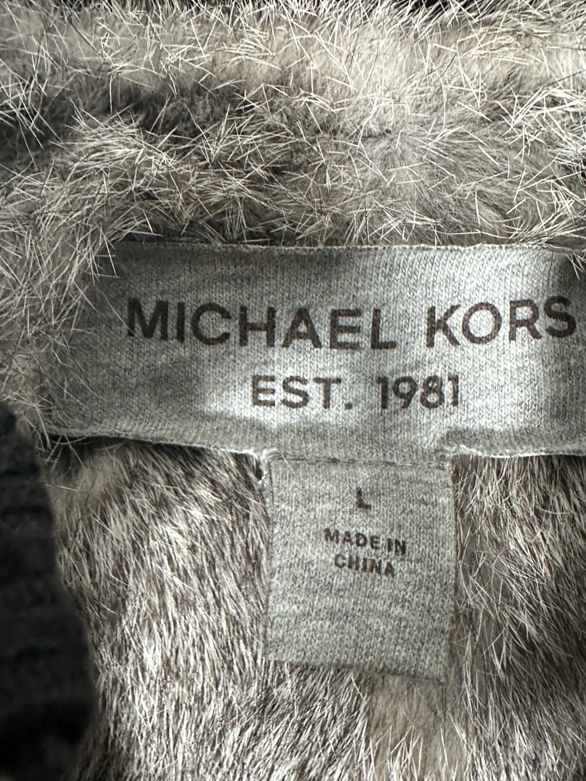 Michael Kors Maglione Nero con Cappuccio e Fodera Grigio 100% Pelliccia di Coniglio Giacca L