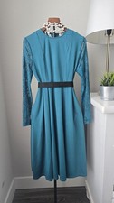 Shein Teal Lace Sleeve A-Line Midi Dress US 8/10 L Back Zipper No Belt