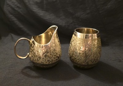 Vintage India Silver Over Brass Etched Sugar And Creamer Set Small