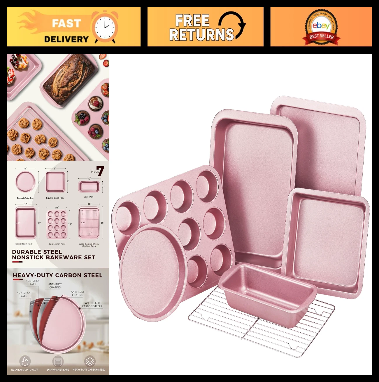 7-Piece Nonstick Bakeware Set - Round/Square Cake Pans, Loaf, Muffin, Cookie She