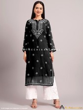 Black Georgette Chikankari Straight Kurta With Inner, Lucknowi Chikankari Top