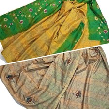 Vtg Indian Silk Kantha Embroidered Shawl Scarf Pashmina Wrap Dupatta Green Gold