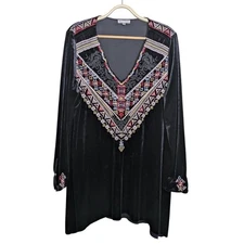 Adore Velvet Embroidered Tunic Dress Large Black Boho Boutique