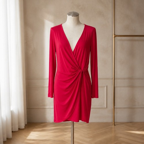Vestido BCBGeneration para mujer rojo manga larga torcido frente imitación envoltura cuello en V talla L - Imagen 2 de 10