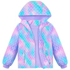 OlyPegic Girls Rain Jacket Waterproof Hooded Fleece 7-8 Years, Blue Mermaid