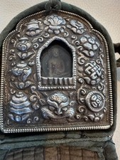 Vintage Buddhist Shrine Box Tibetan Silver Astamangala Gau prayer ritual box