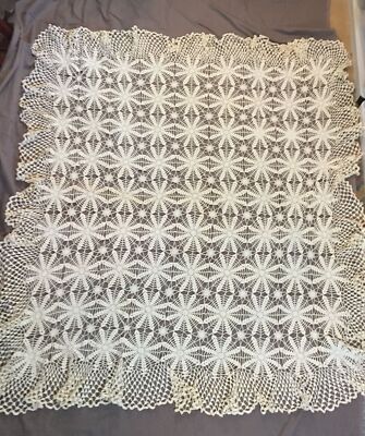 VTG Handmade Square Ivory Crochet Tablecloth 62''Suare  Farmhouse Cottage Core