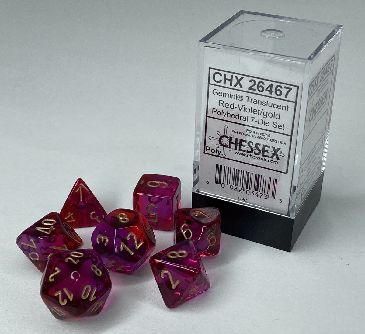 Chessex Gemini Translucent Red Violet Gold Polyhedral 7 Die Set