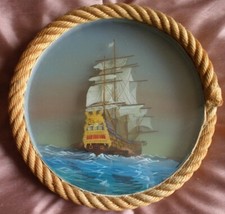 Peinture sous verre multi couches Marine vintage " Galion XVII éme " Cadre corde