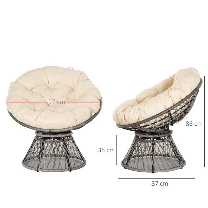 Rattan Swivel Papasan Chair Outdoor Round Wicker Seat w/ Cushion Beige 360° - Image 3 of 4