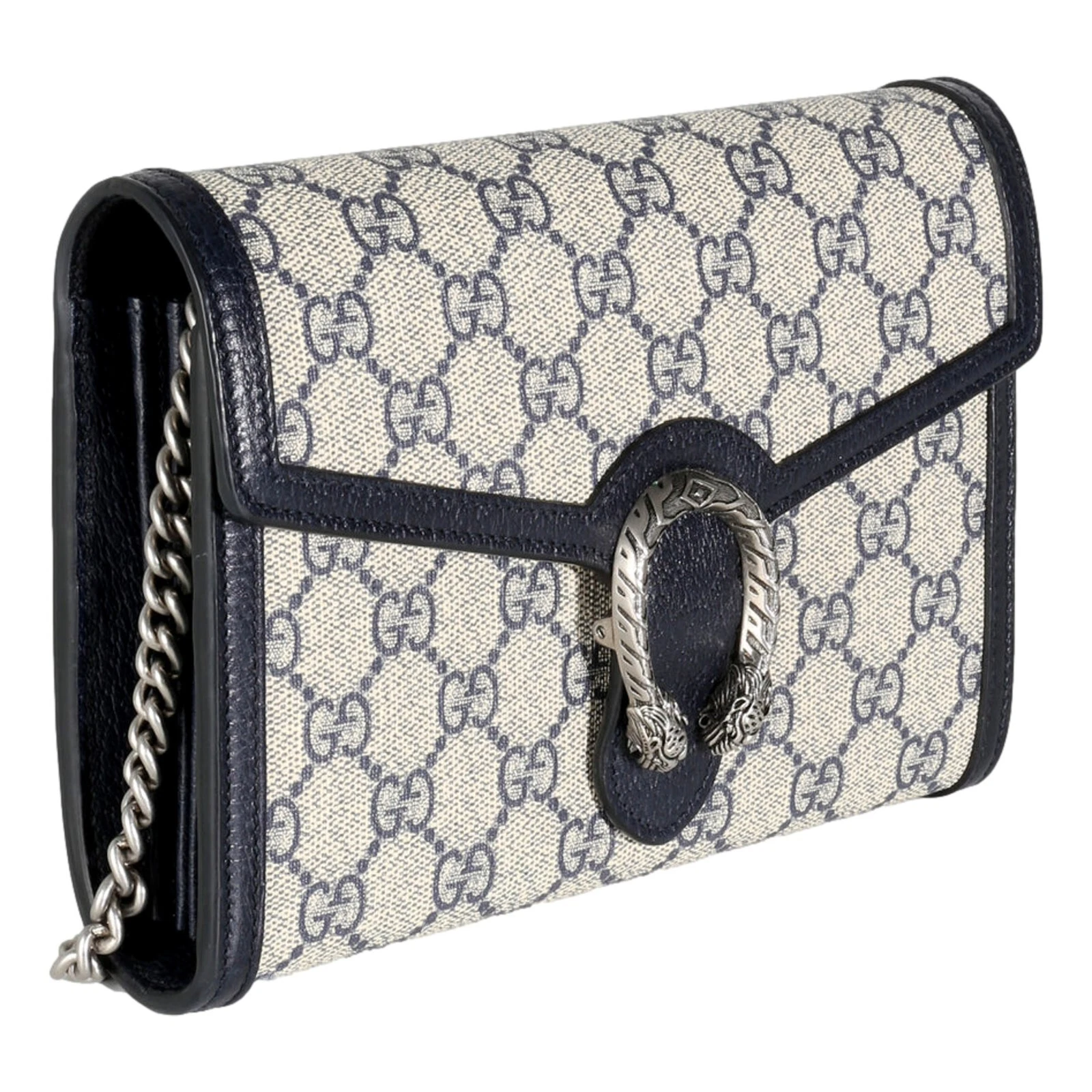 Portefeuille Gucci Navy GG Supreme toile mini chaîne Dionysos