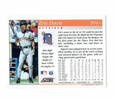 Eric Davis Detroit Tigers Outfield #504 Score 1994 #Baseball Card