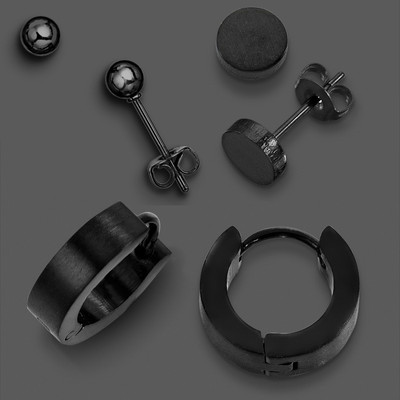 Produktbild von Männer Ohrring Set Aus Edelstahl - 3-teilig Mit Creolen & Scheiben, Schwarz IP-beschichtet