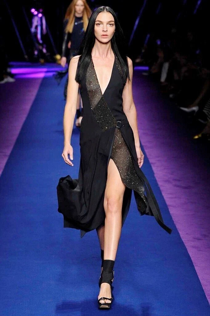 Versace Couture 2017 Primavera Nero Swarvoski Strap Maxi Abito 40 SETA A76942