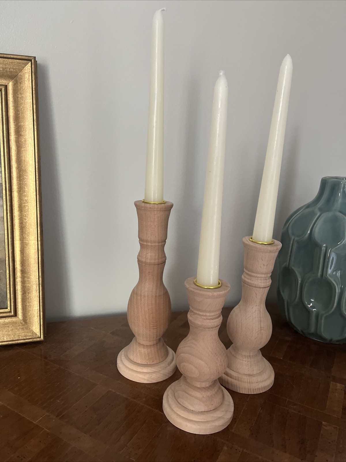 Wood Candle Holders for Candlesticks - Set of 3 Wooden Candle Holder, Brass Acce