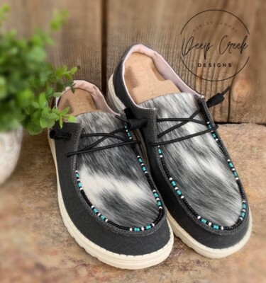 Custom Cowhide Hey Dude Wendy Women's Shoes w/ Custom Bead Work ANY SIZE  BLACK