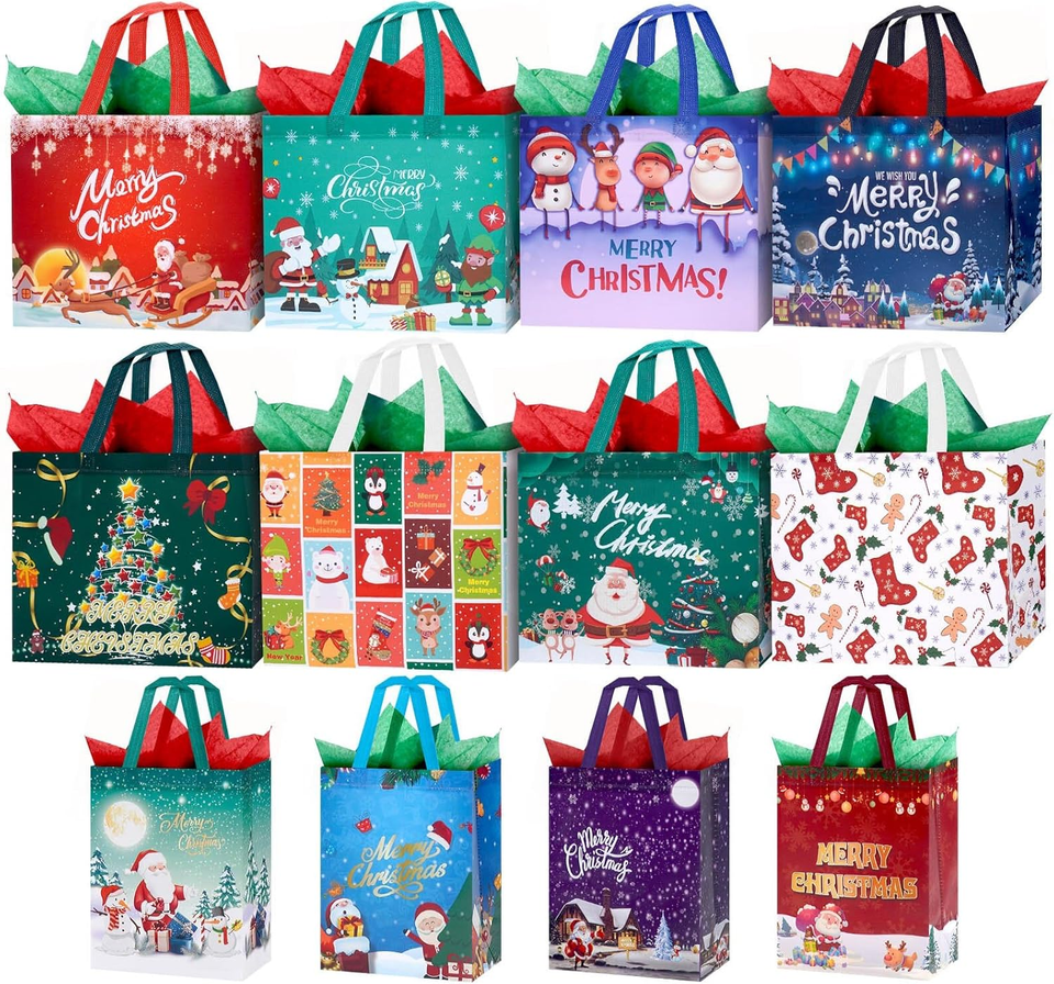 12 Pack Christmas Gift Bags with Tissue Paper Reusable Tote Bags with
