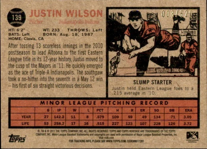 2011 Topps Heritage Minor League Blue Tint #139 Justin Wilson /620 Rookie SP RC - Image 2 of 2