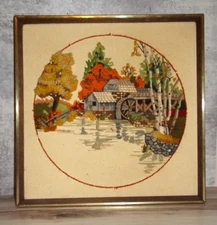 Vintage 1978 Sunset Designs Finished Crewel Embroidery Fall Mill Pond 7824